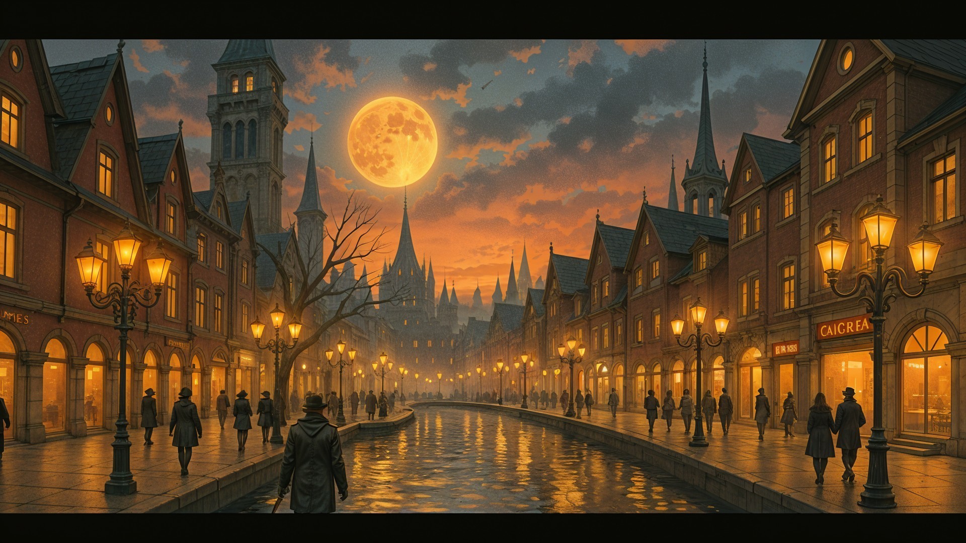 Evening Scene in a Quaint Town by the River