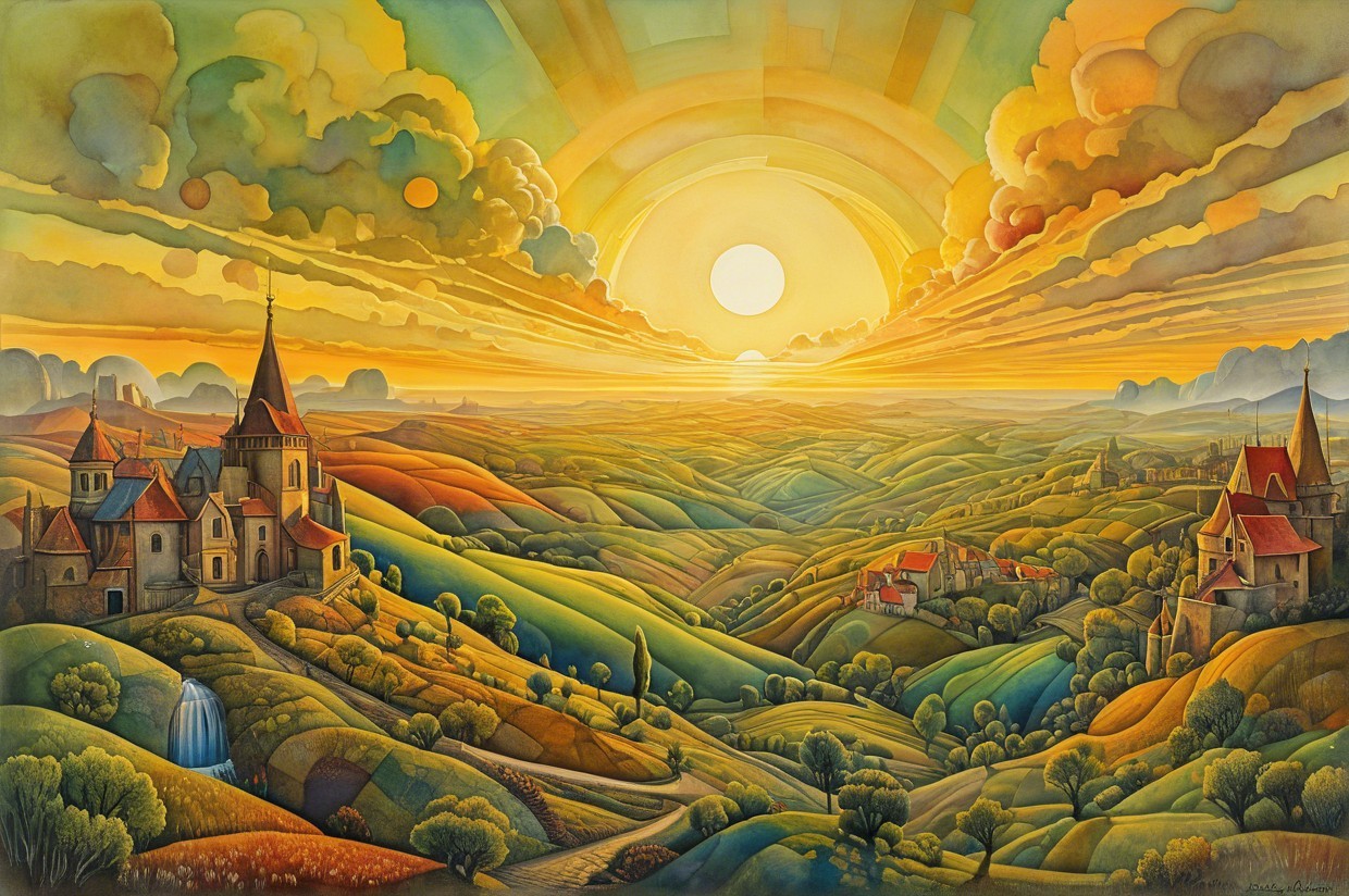 Surreal Landscape with Lush Hills and Dramatic Sky