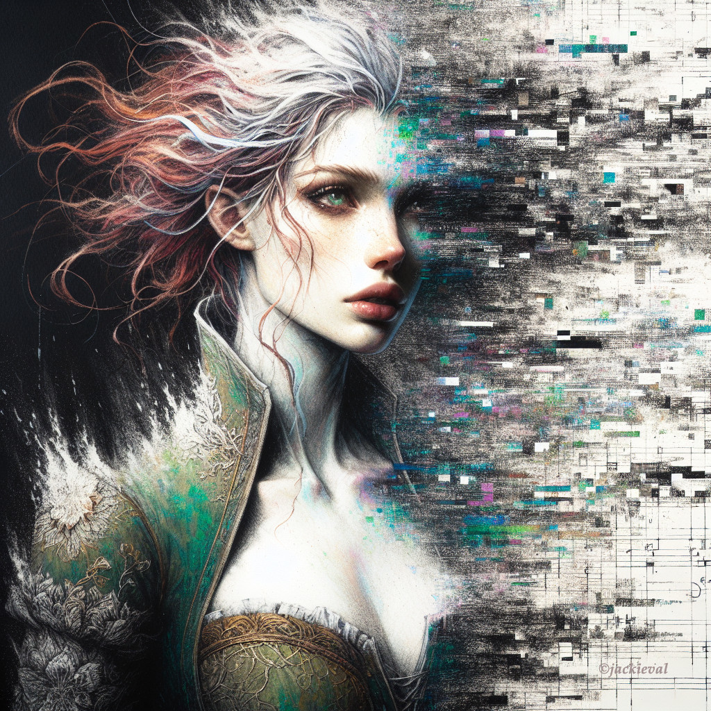 Female Figure with Flowing Hair and Digital Glitch Effect
