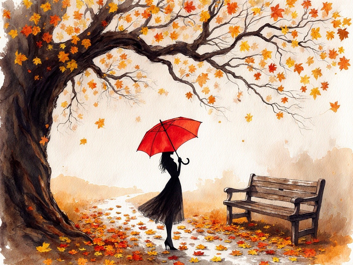 Silhouette of Woman with Red Umbrella Under Tree