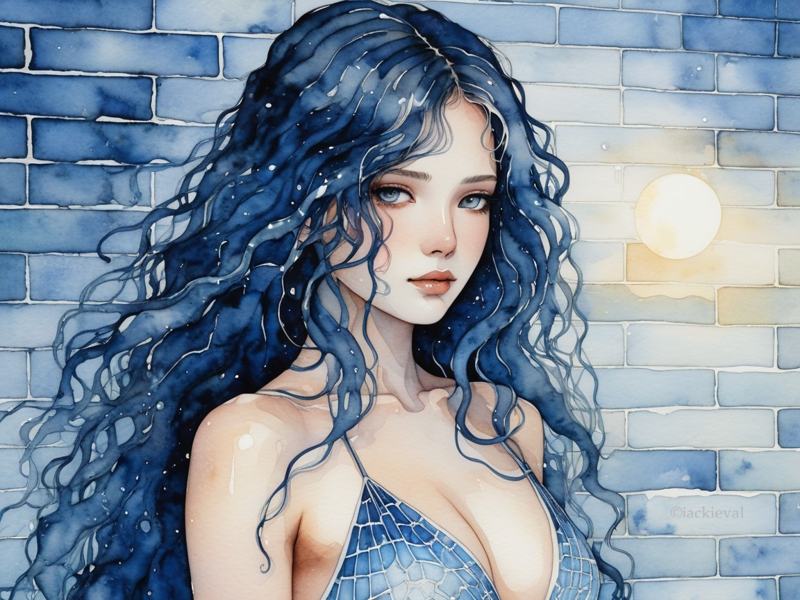 Watercolor Illustration of a Woman with Blue Hair