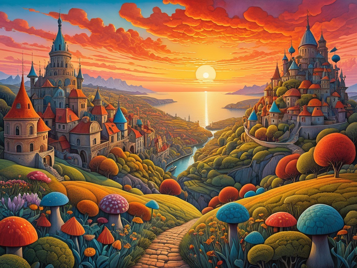 Vibrant Fantasy Landscape with Castles and Sunset