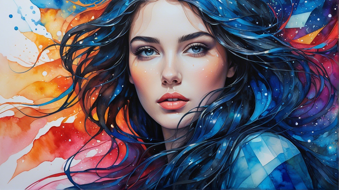 Portrait of a Young Woman with Blue Hair and Watercolor