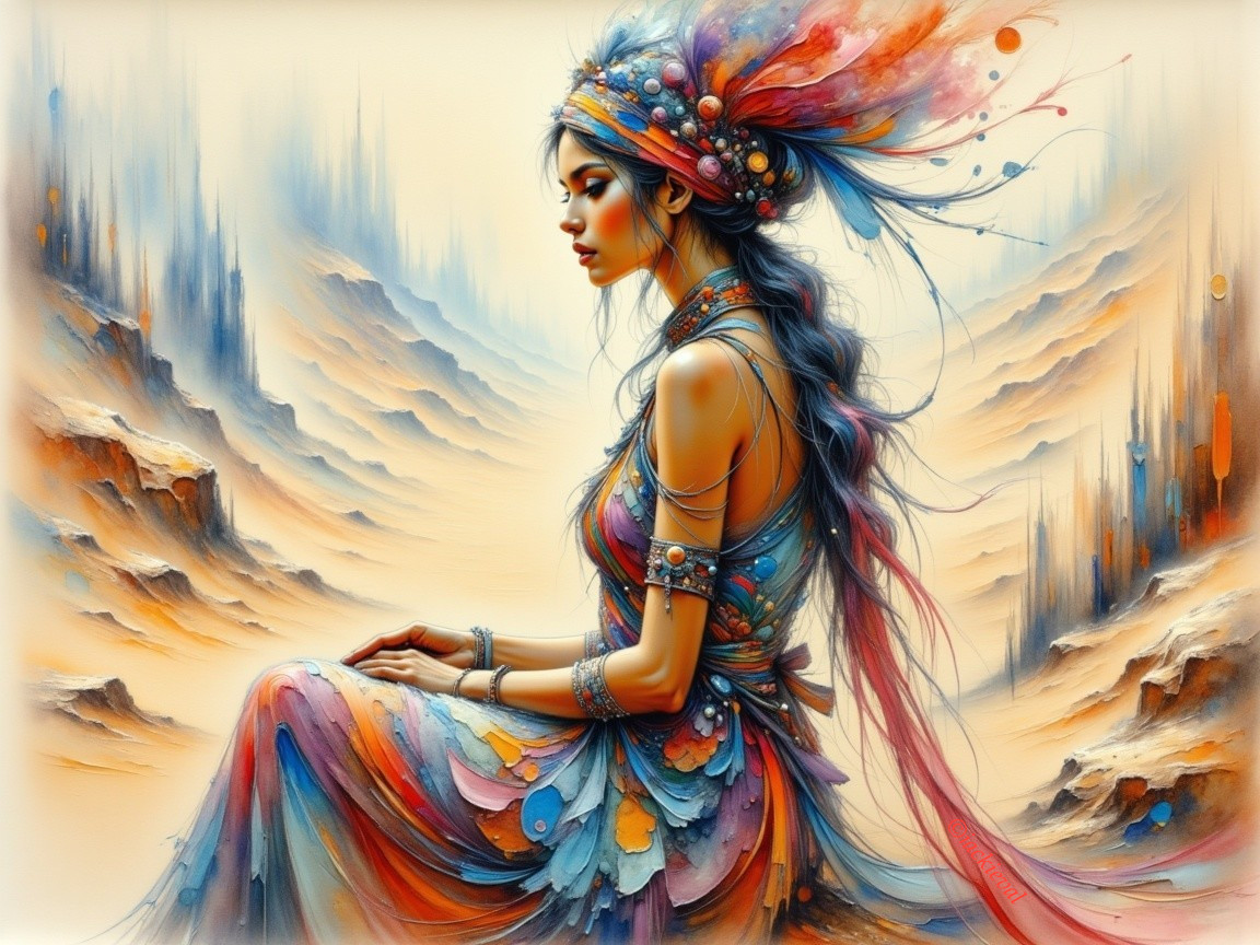 Serene Woman in Colorful Abstract Landscape Setting