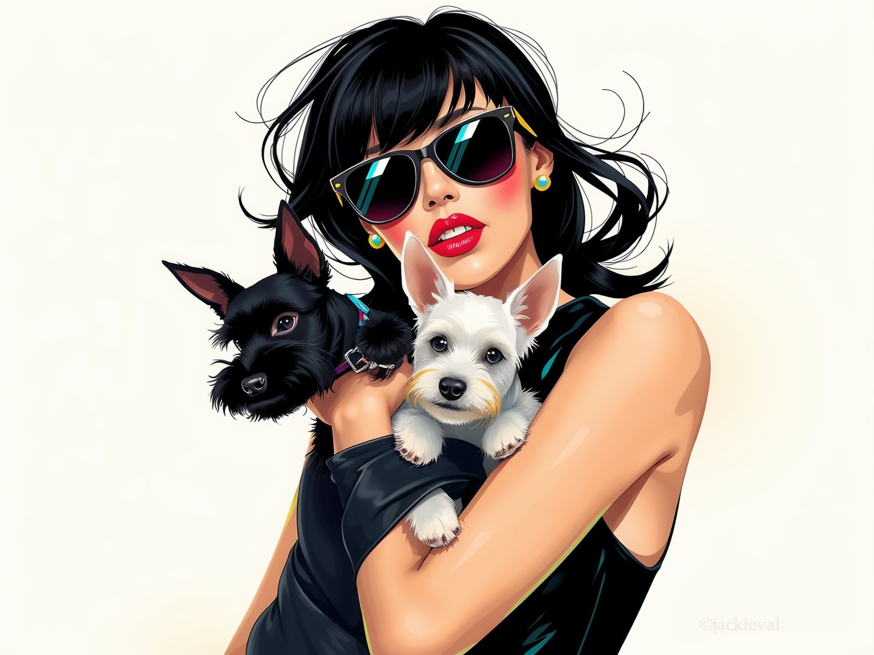 Stylish woman with dogs in a chic, vibrant setting