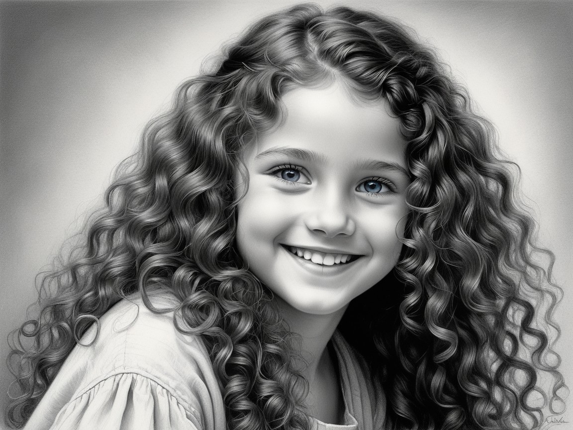 Portrait of a young girl with curly hair and blue eyes
