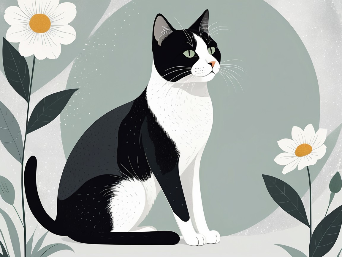 Elegant Black-and-White Cat Surrounded by Daisies