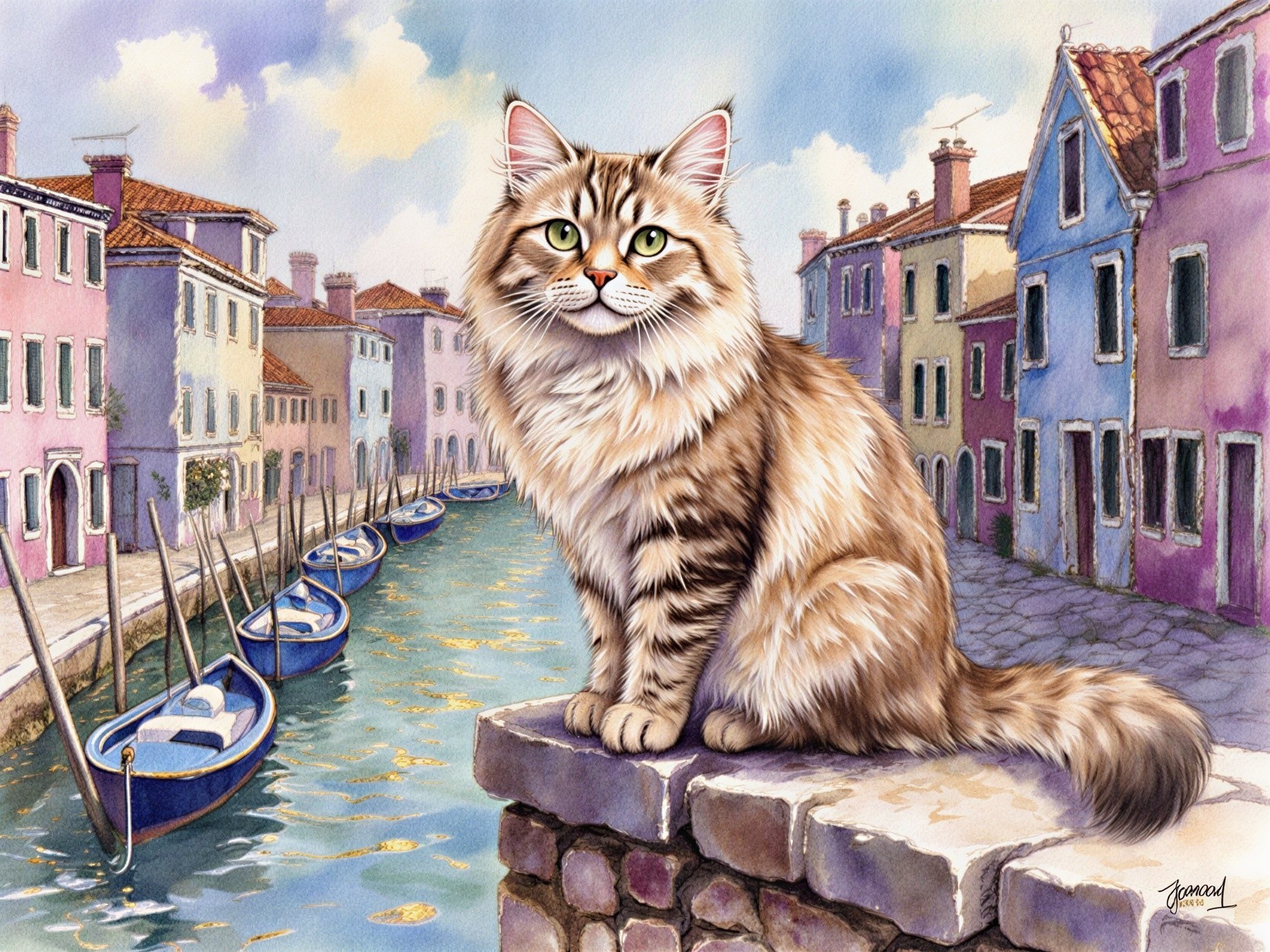 Brown Tabby Cat by Serene Canal with Colorful Buildings