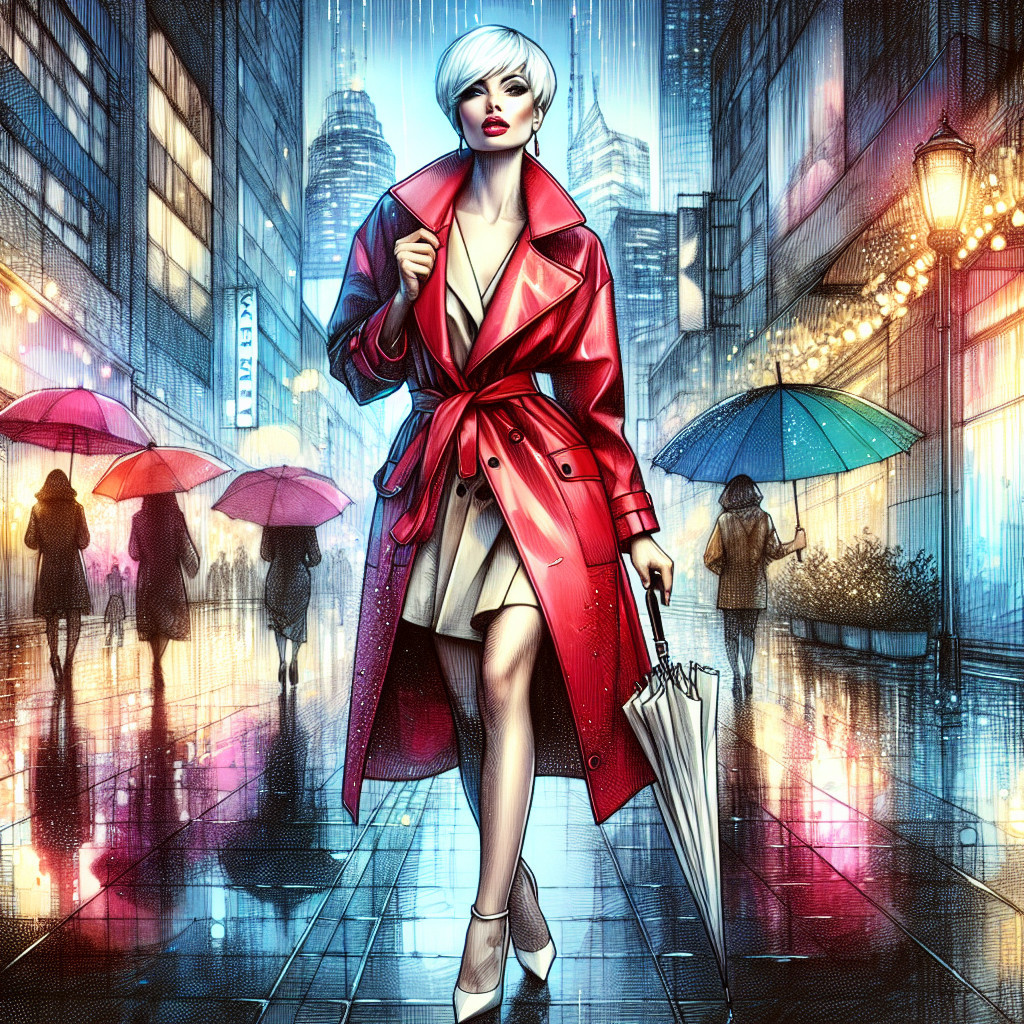 Vibrant Cityscape with Woman in Red Trench Coat