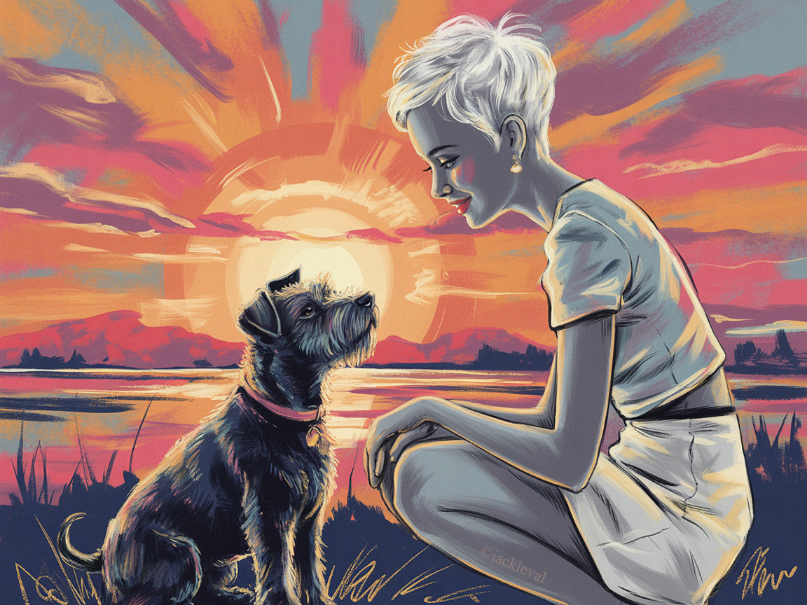 Woman and dog silhouette at sunset by water