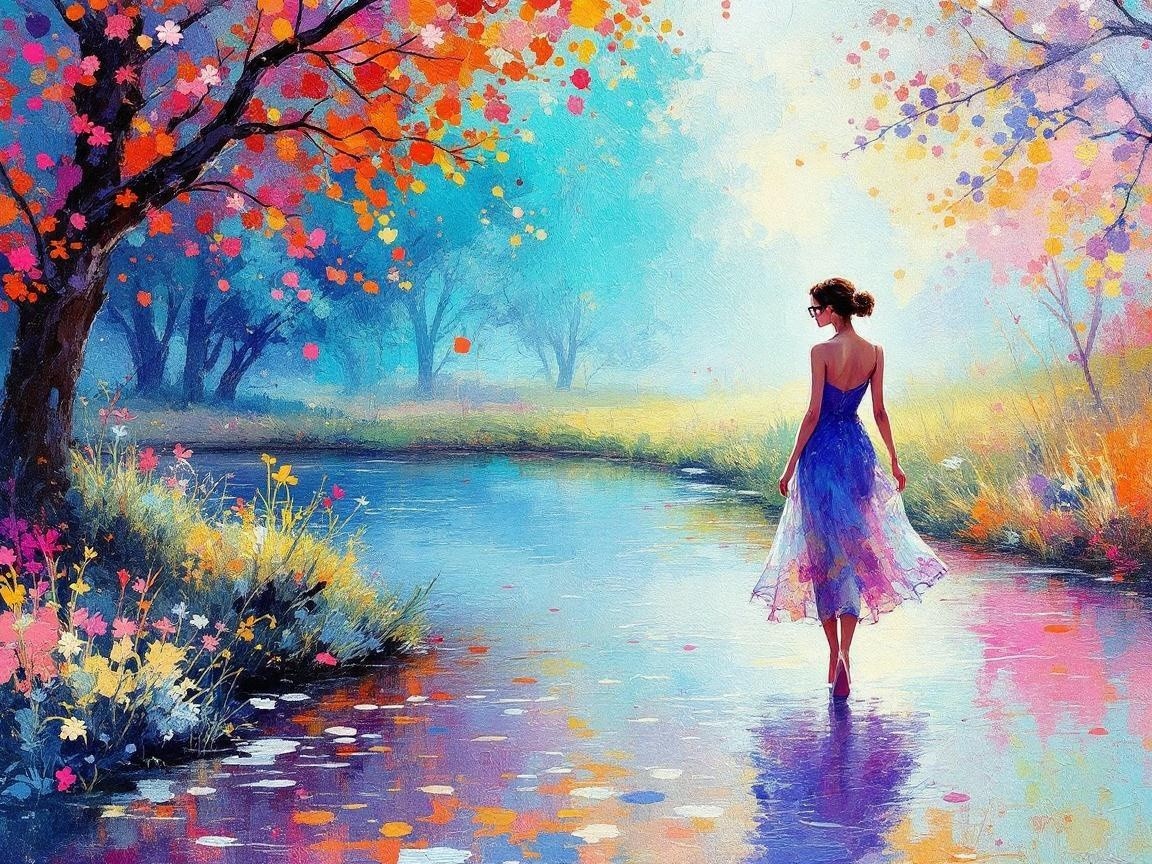 Serene Autumn Landscape with Woman in Stream