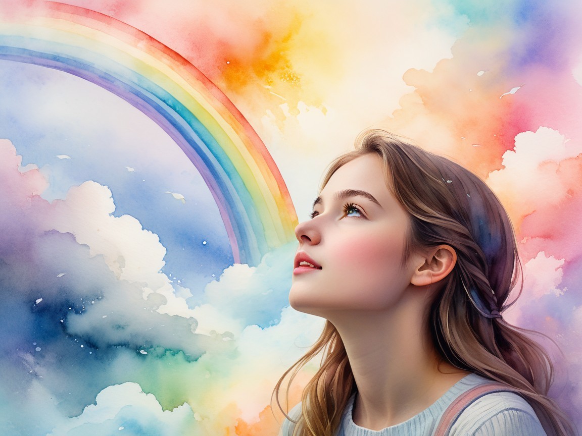 Young Woman in Serene Pose with Watercolor Background