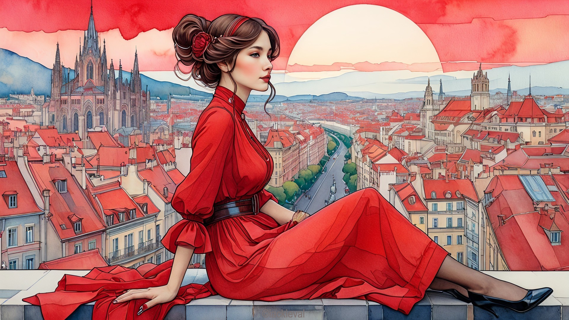 Young Woman in Red Dress Overlooking City at Sunset