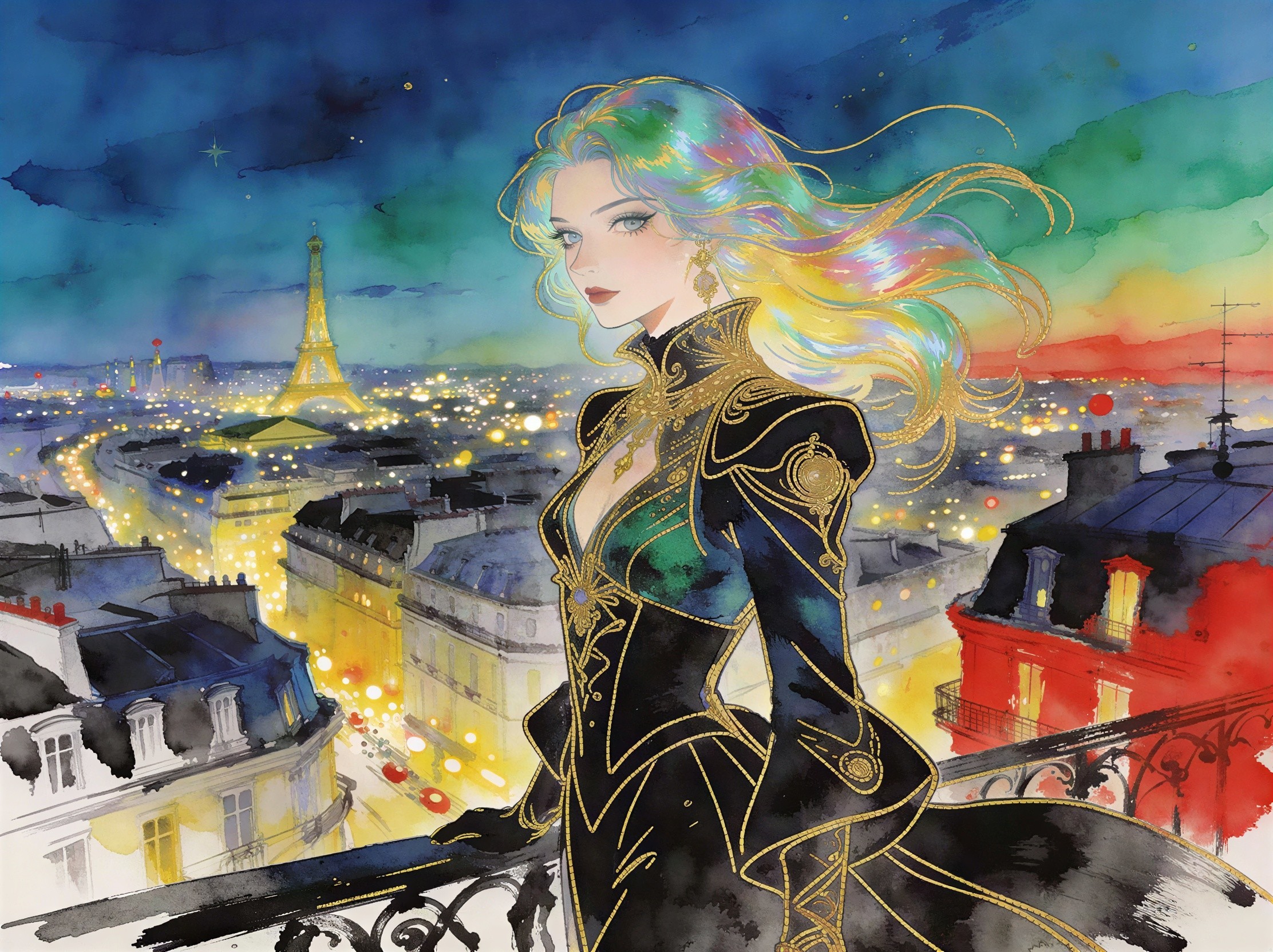 Watercolor Painting of Woman on Parisian Balcony