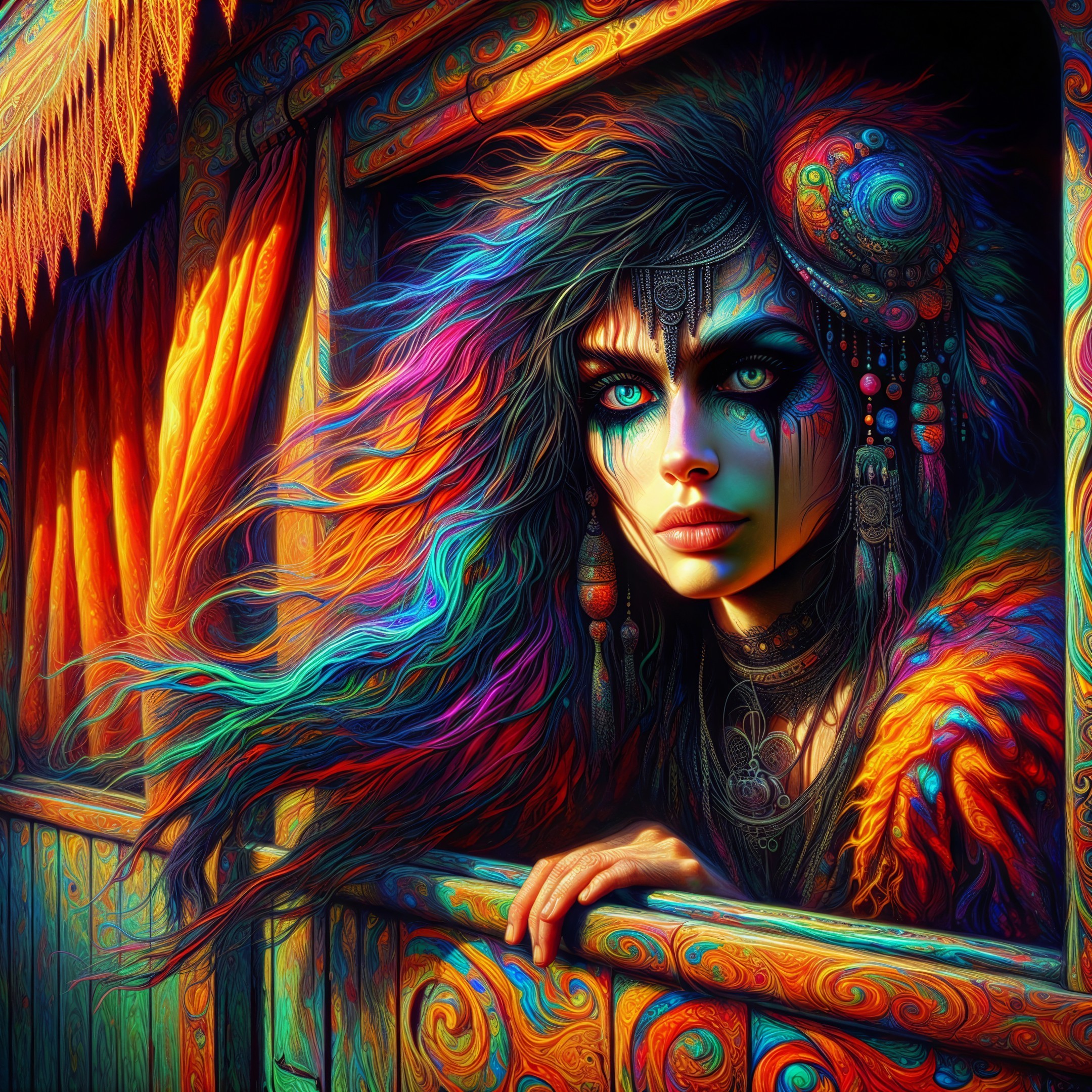 Striking Woman with Multicolored Hair in Ornate Window