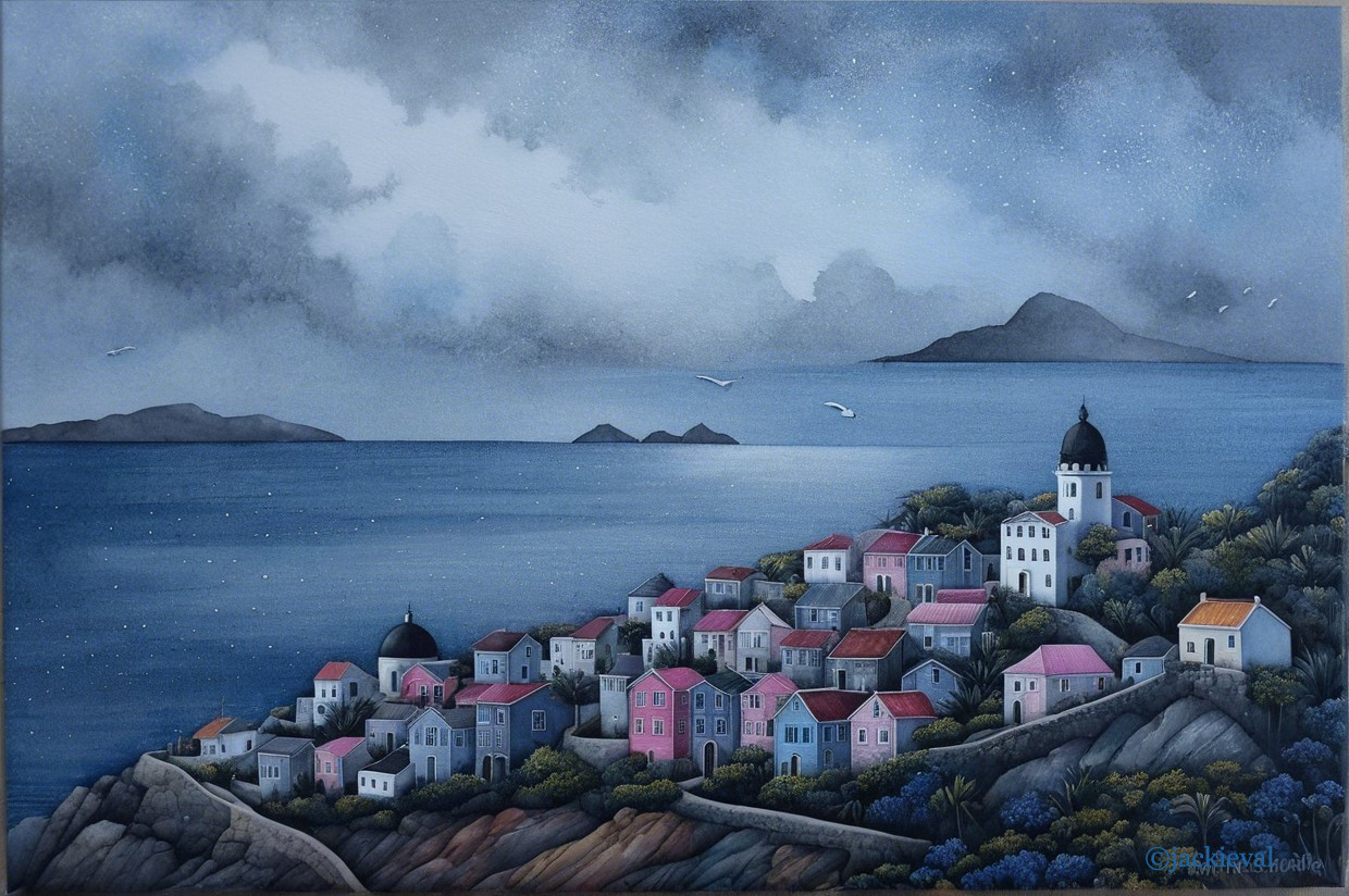 Coastal Village with Pastel Houses and Black Dome Church