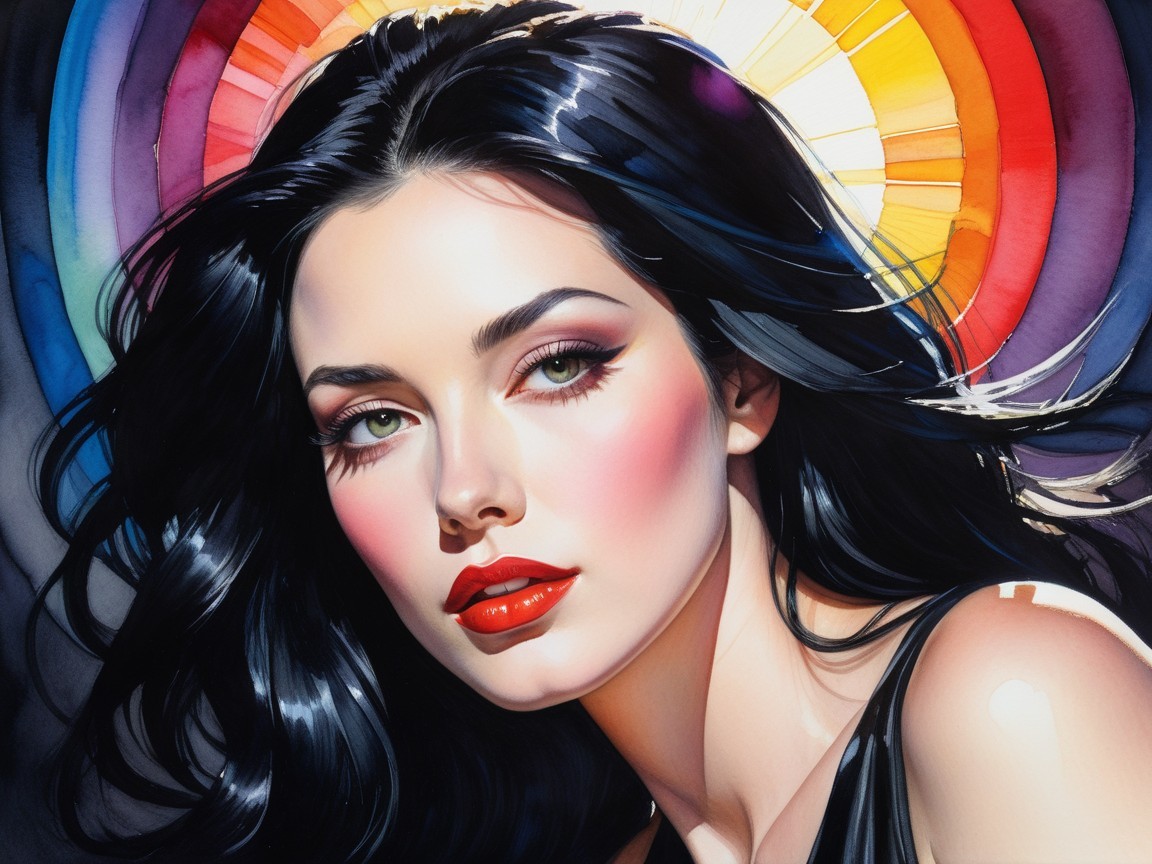 Woman with Black Hair and Green Eyes in Colorful Halo