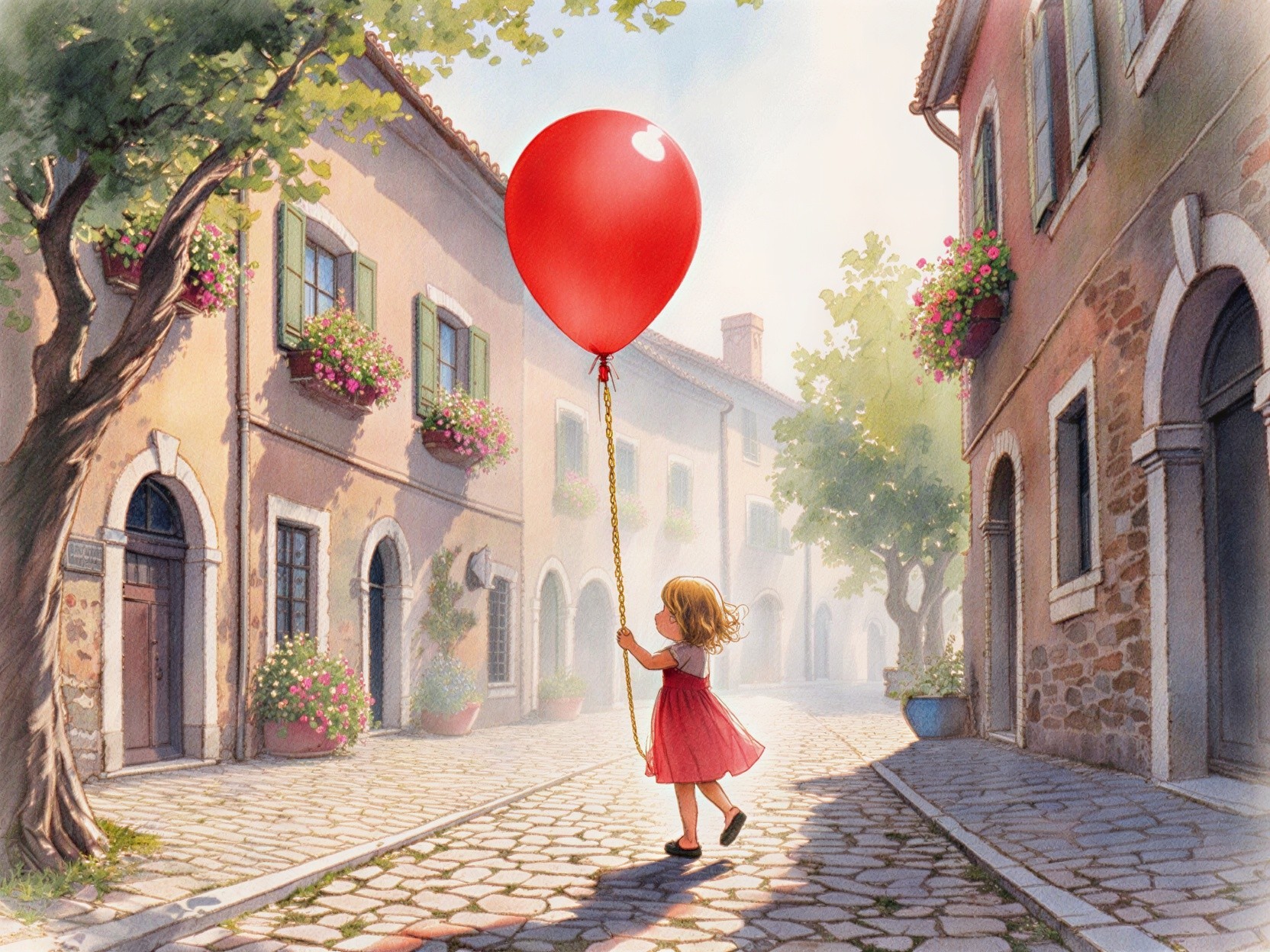 Young girl in red dress walks charming cobblestone street