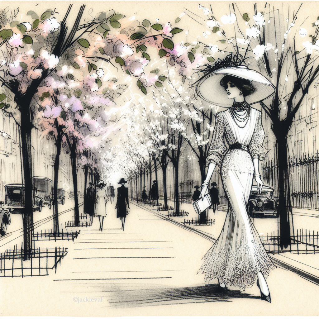 Fashionable Woman in White Dress on Tree-Lined Street