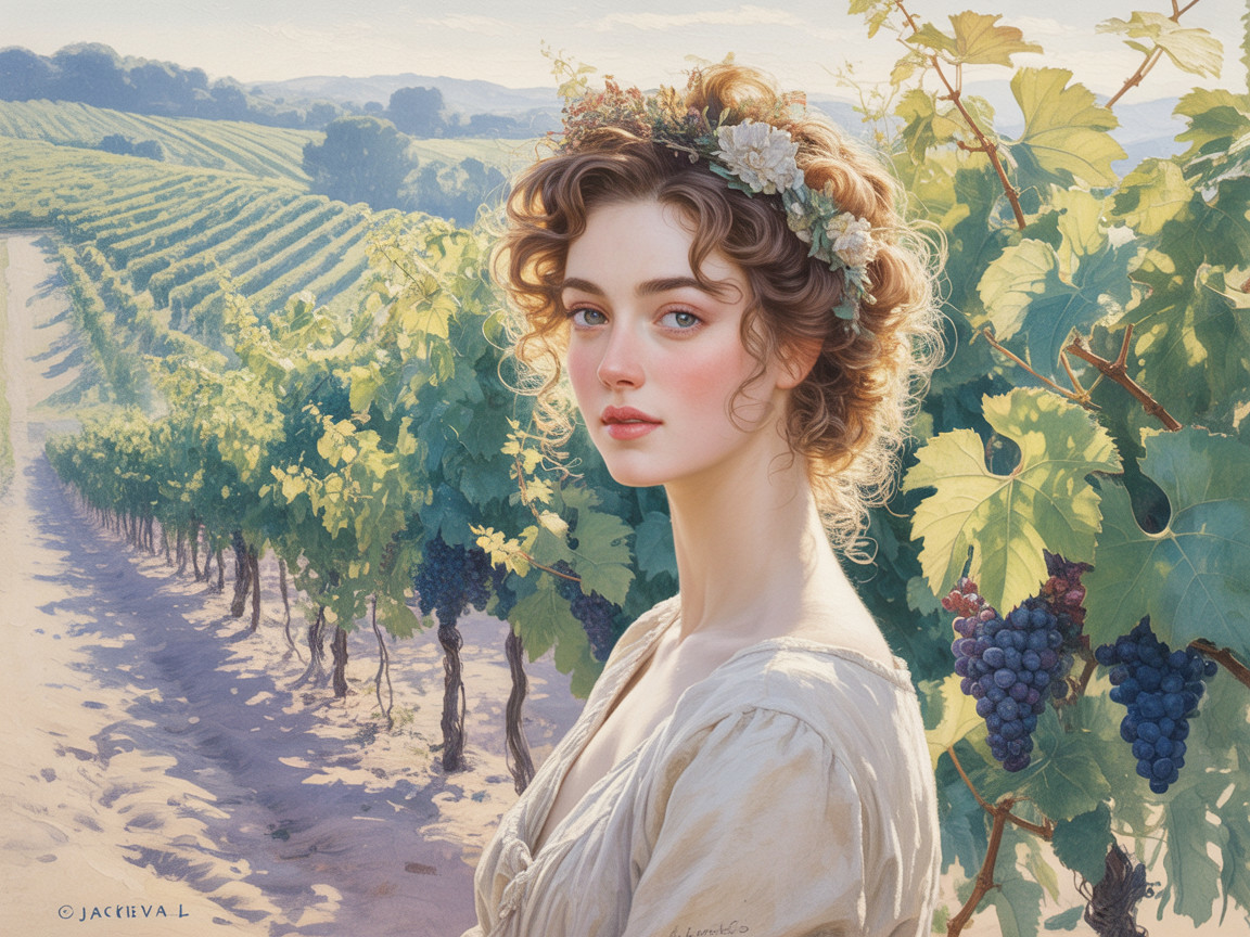 Young Woman in Lush Green Vineyards with Flowers