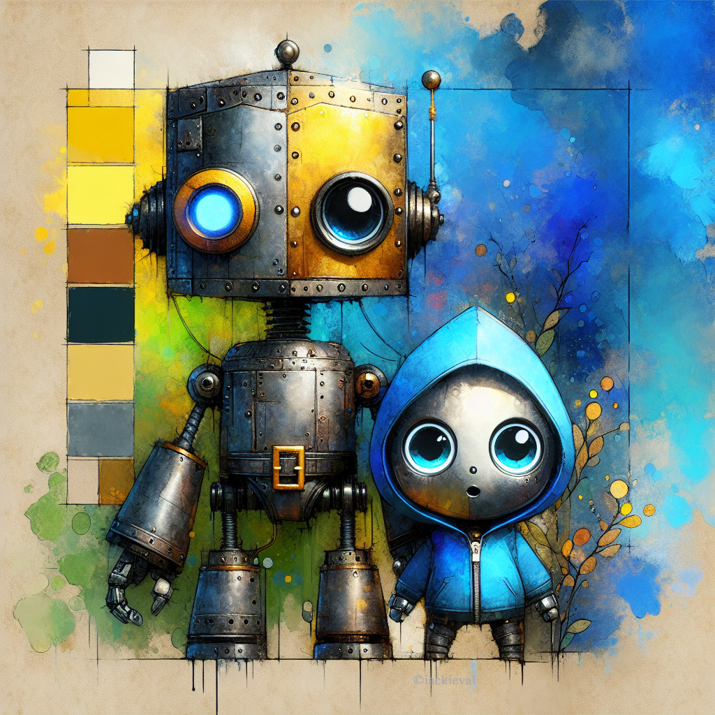 Whimsical Illustration of Robot and Humanoid Character
