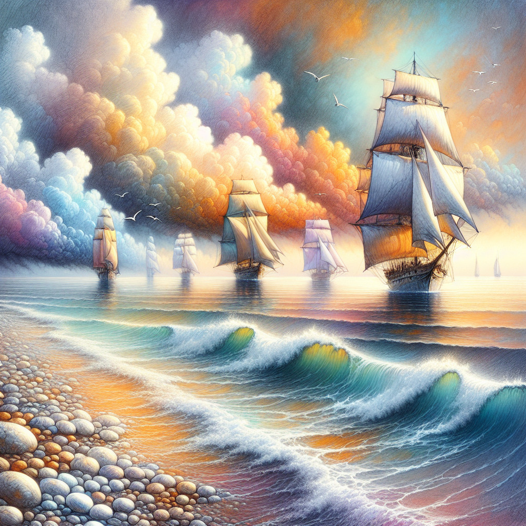 Serene Sunset Seascape with Sailing Ships and Waves