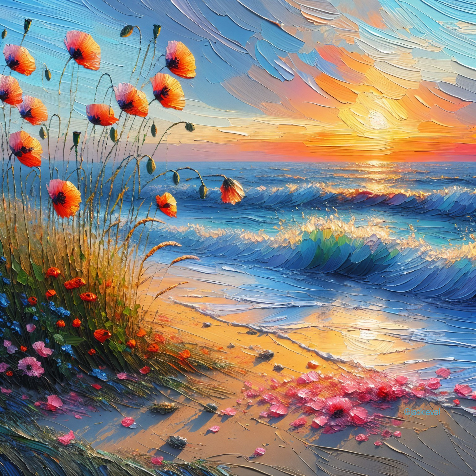 Sunset Beach Scene with Vibrant Flowers and Waves