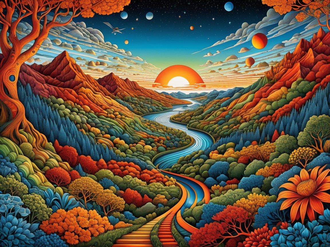 Vibrant landscape with river, trees, and sunset planets