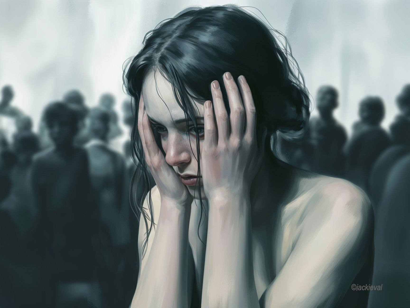Young Woman in Despair Surrounded by Blurred Crowd