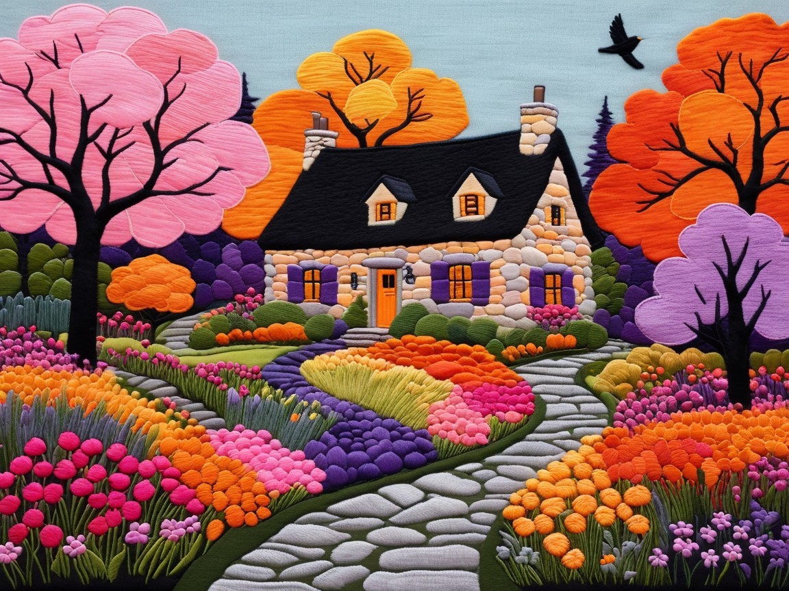 Vibrant Embroidery of a Stone Cottage and Garden