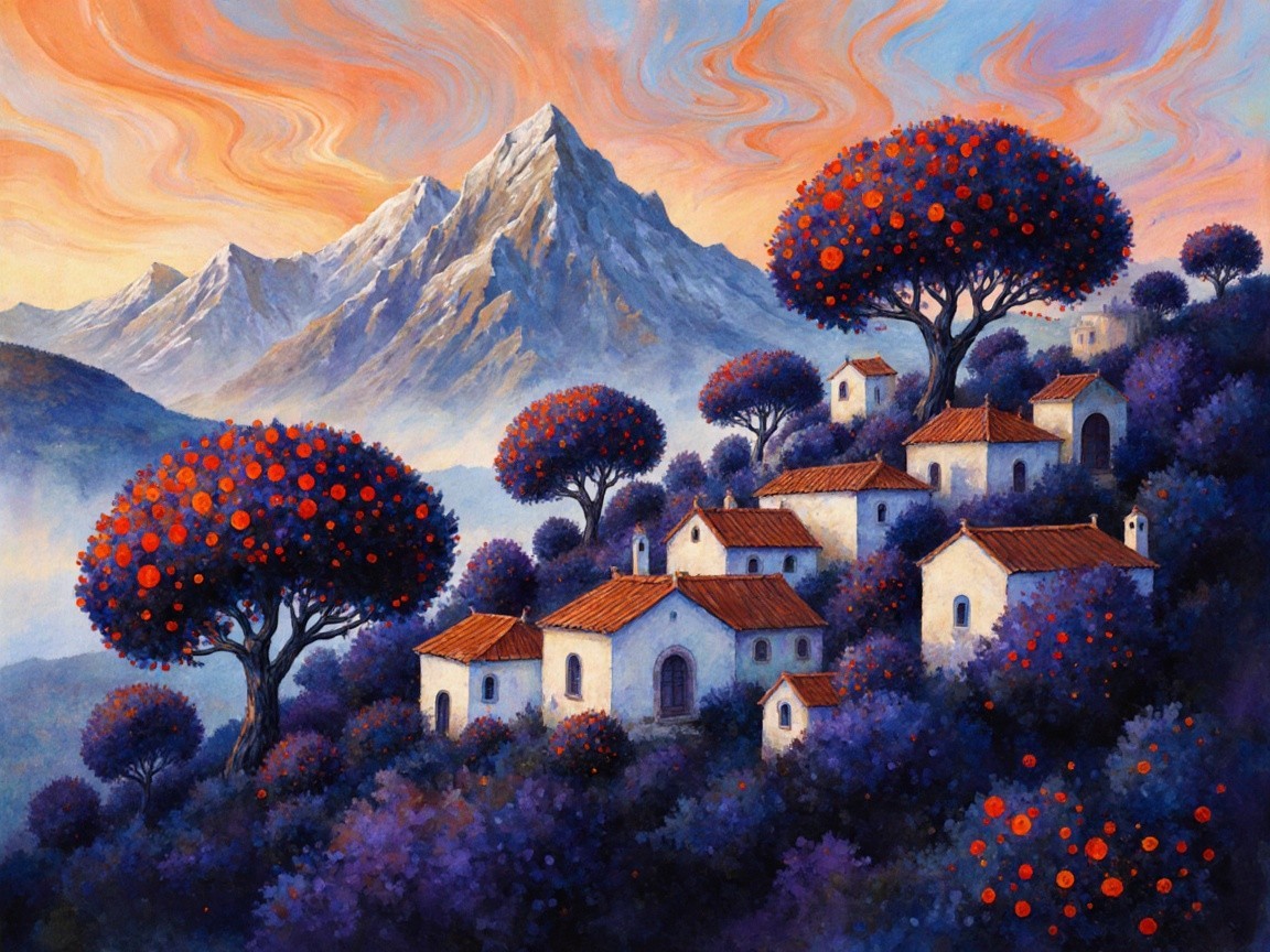 Serene Landscape with White Houses and Vibrant Trees