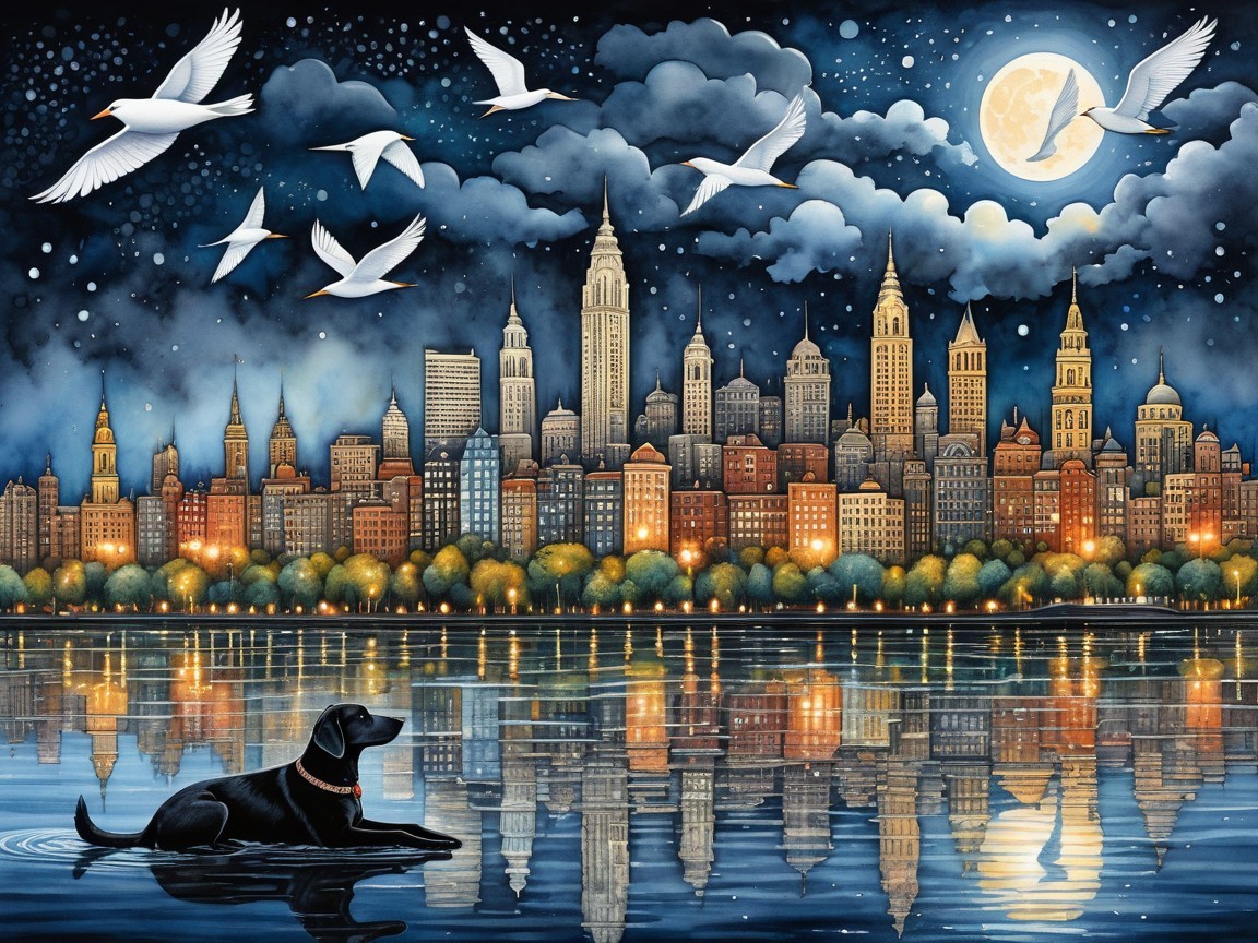 City skyline at night with moon and river reflections