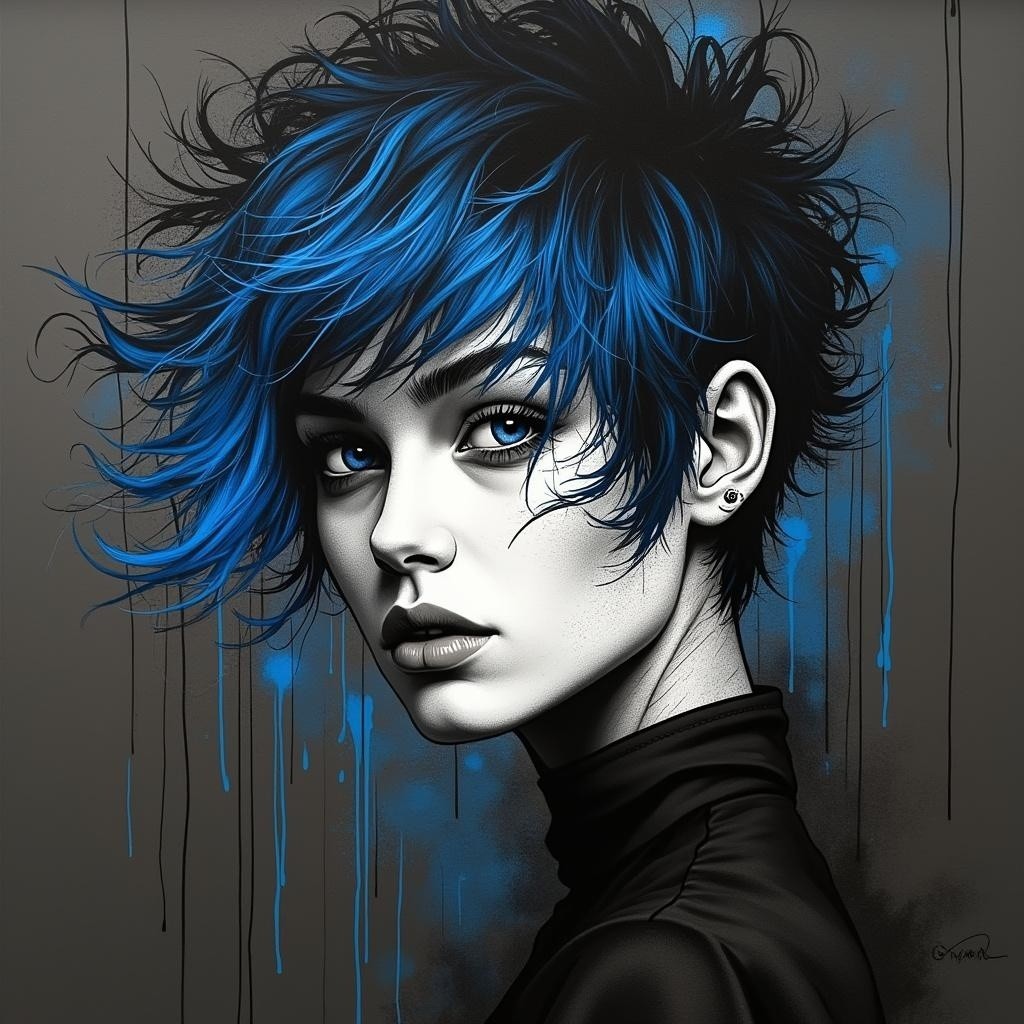 Portrait of a Young Woman with Blue Hair and Eyes