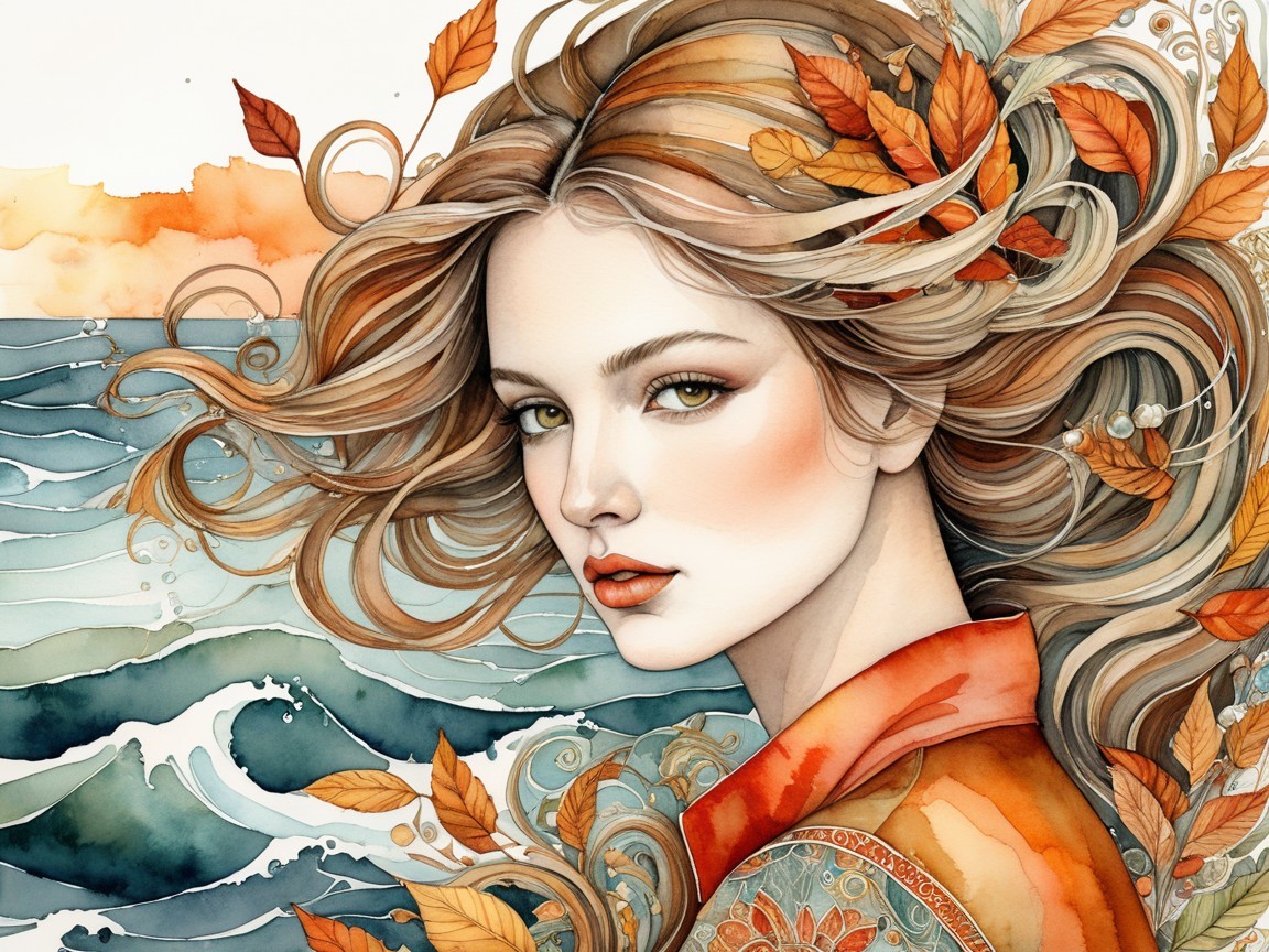 Serene Portrait of Woman with Autumn Leaves and Waves