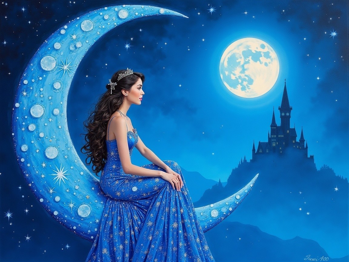 Young Woman on Crescent Moon in Enchanted Night Sky