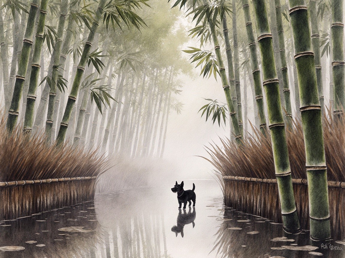 Tranquil Bamboo Grove with Black Dog in Water