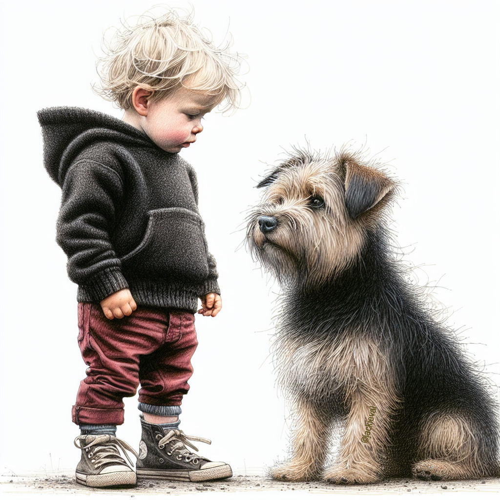 Child and shaggy dog share a heartwarming moment
