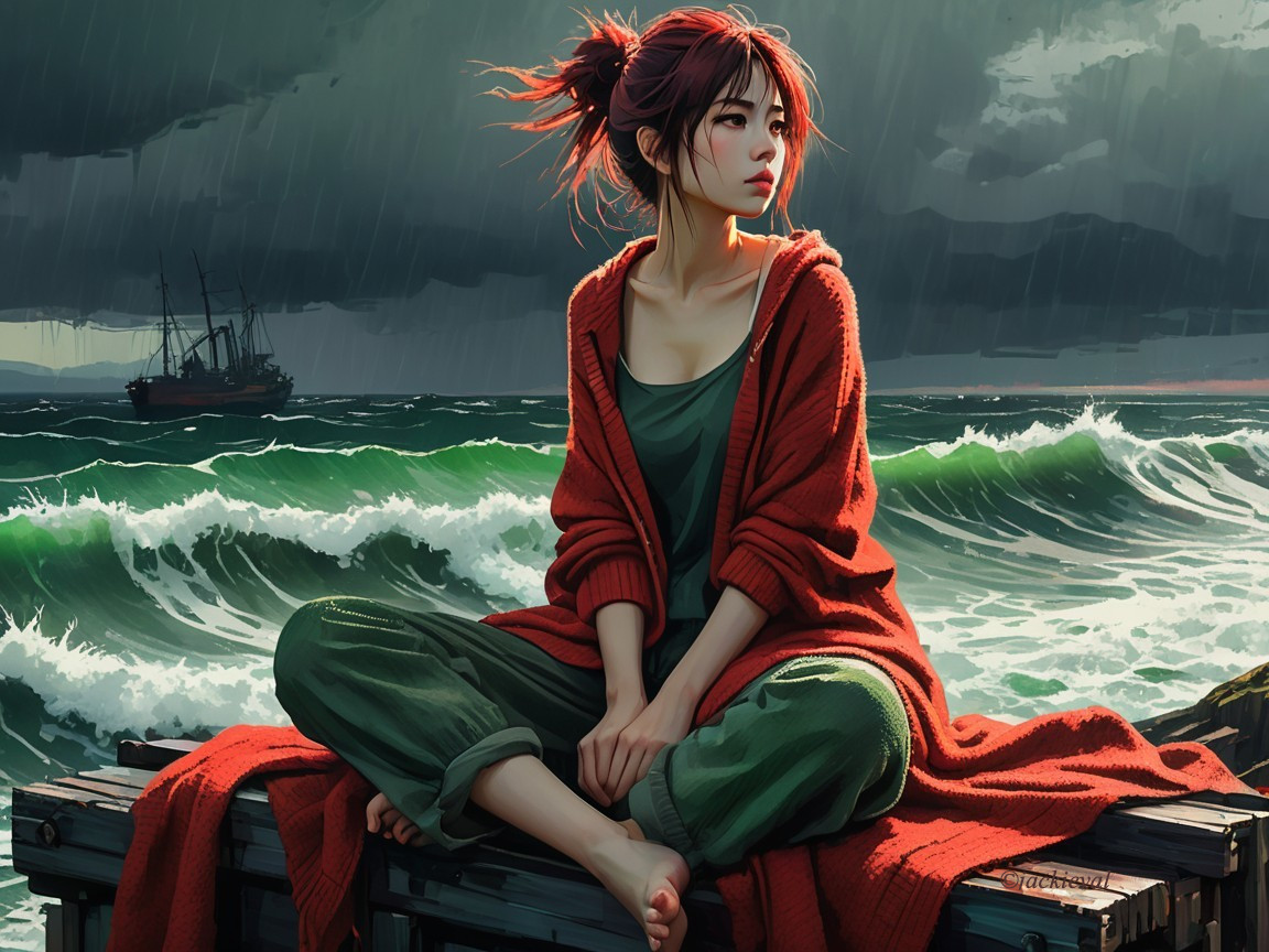 Young Woman in Red Cardigan on Stormy Dock