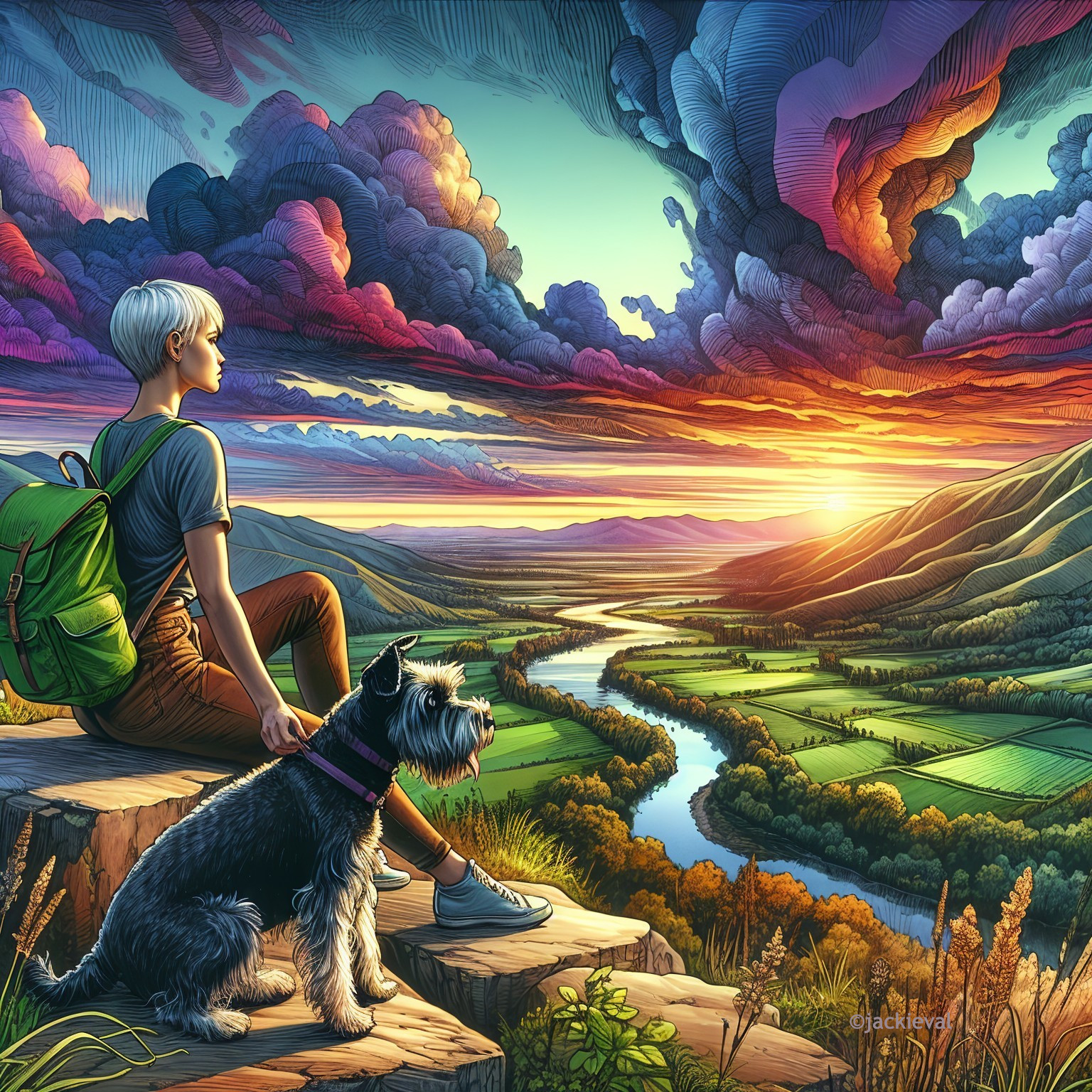 Person with dog watching sunset over lush valley