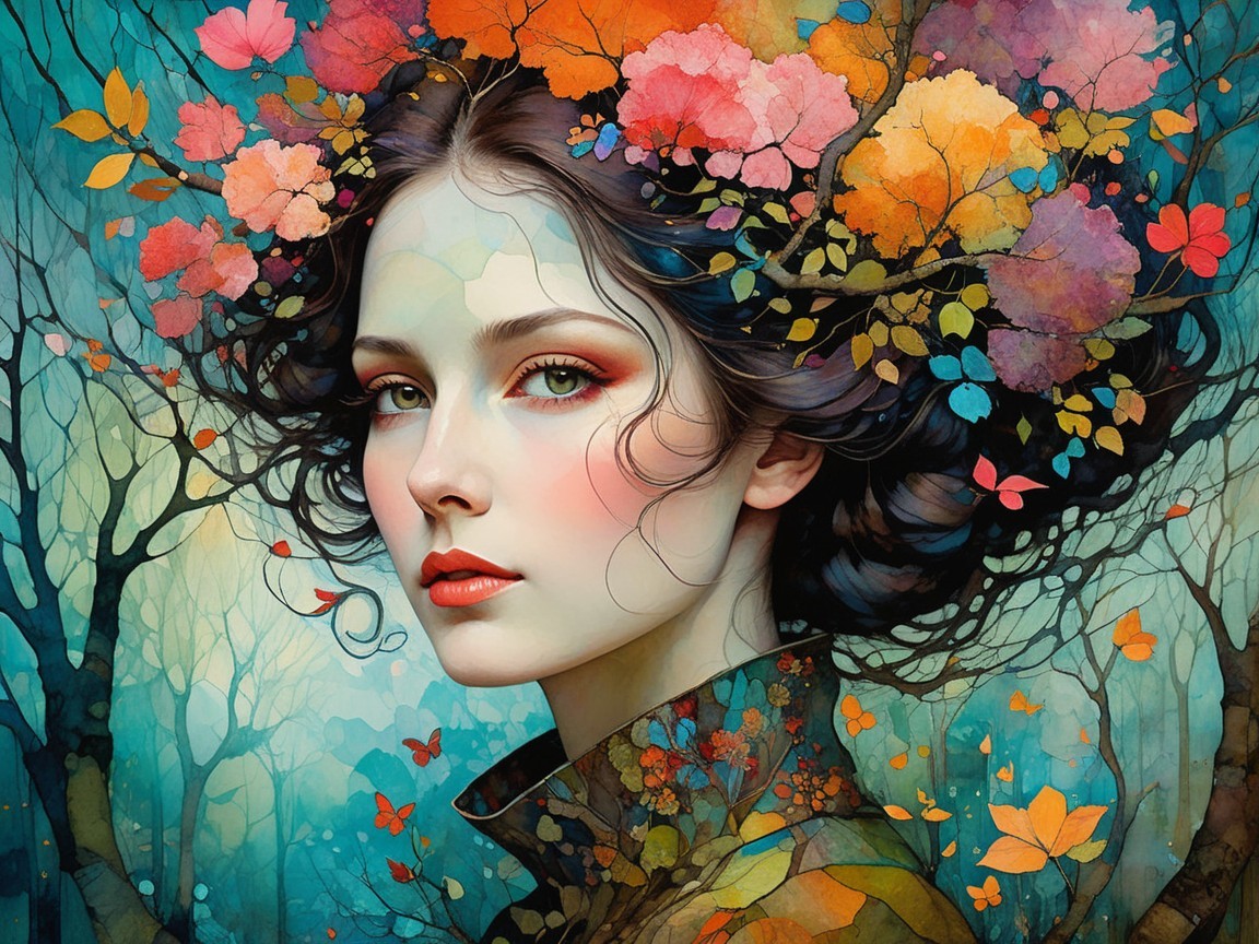 Portrait of a woman with floral hair in a dreamlike setting