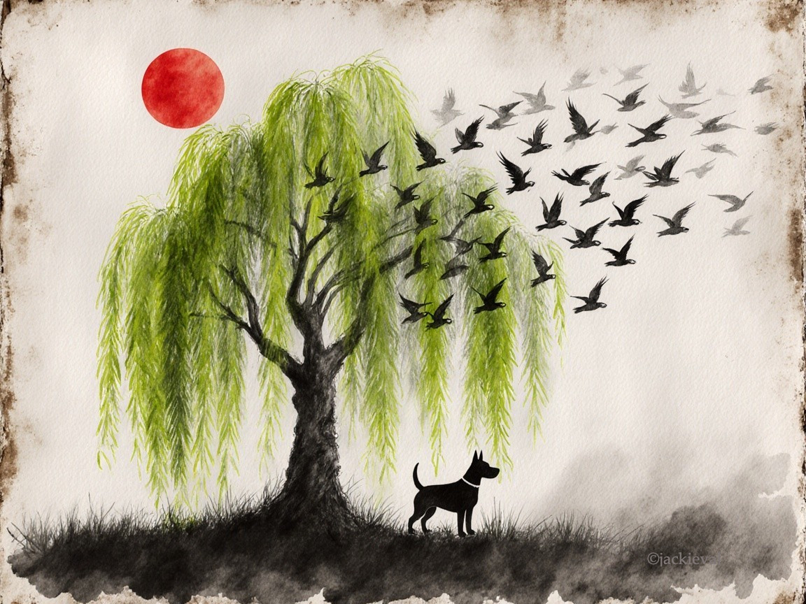 Serene landscape with willow tree and sunset scene