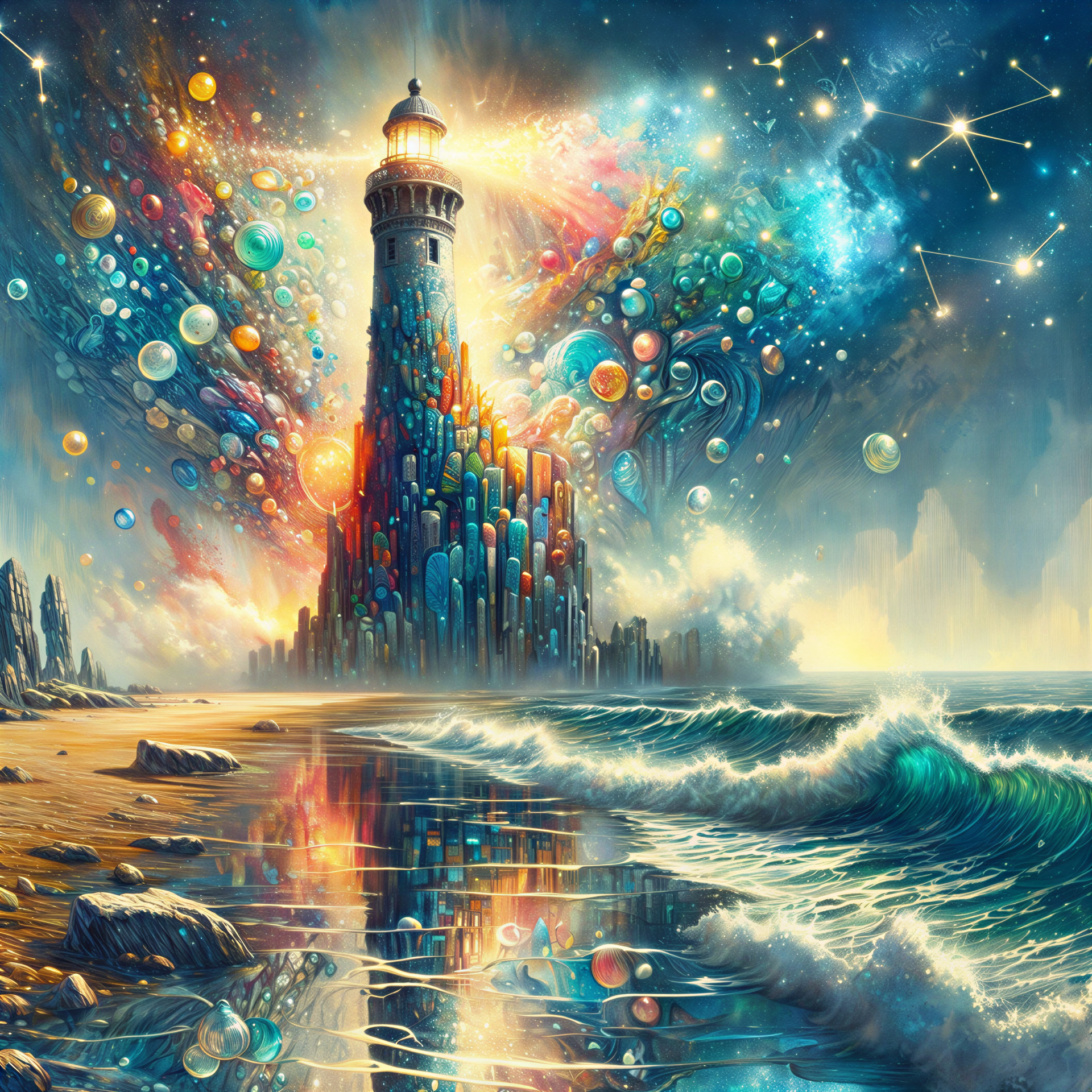 Lighthouse Overlooks Vibrant Beach and Cosmic Sky