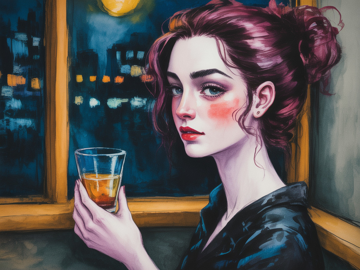 Young Woman Gazing Out a Window at City Skyline