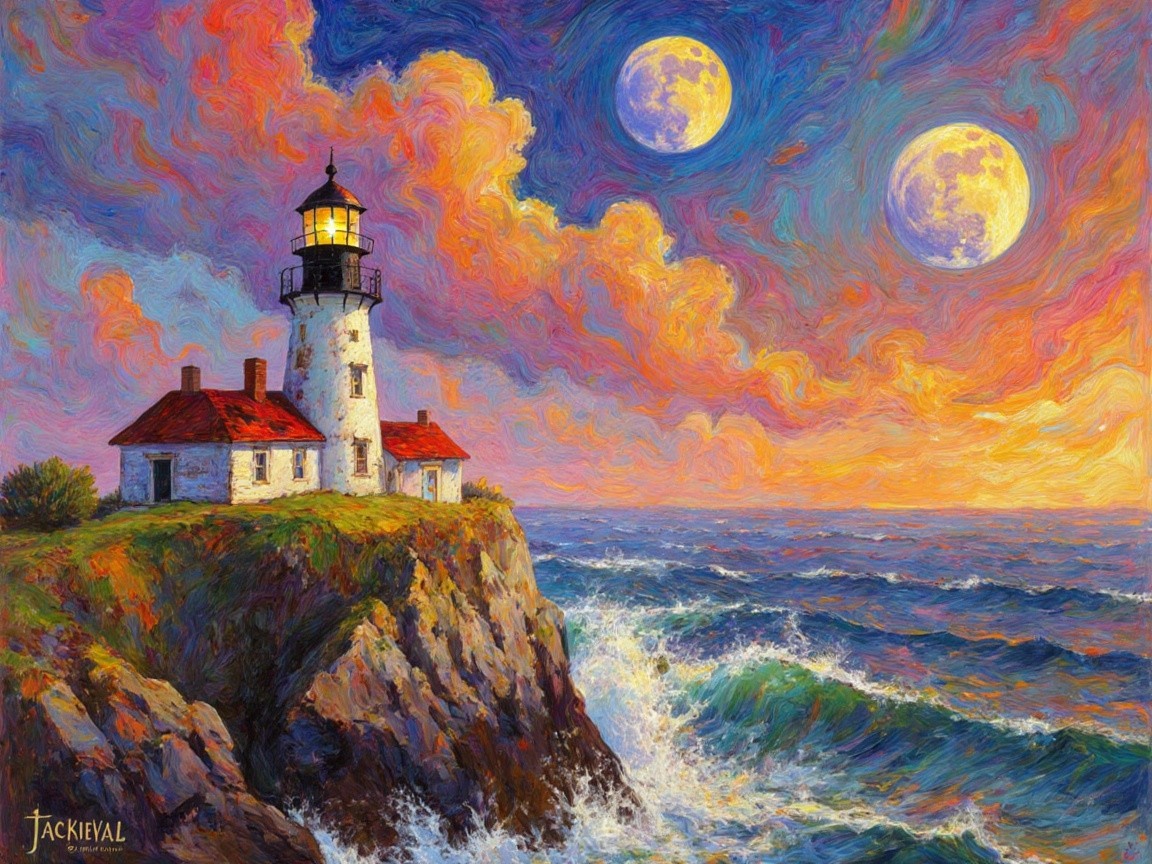 Vibrant Seascape with Lighthouse and Dual Moons