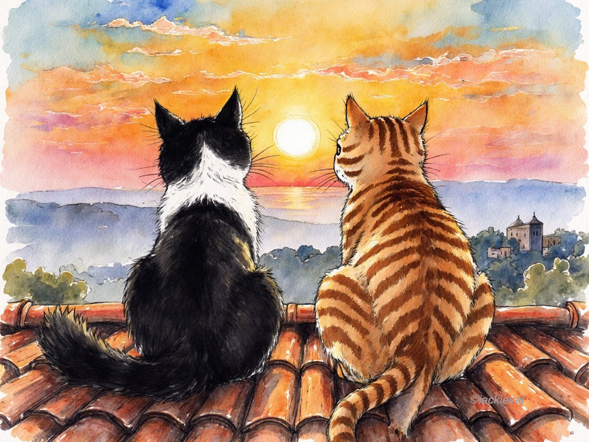 Cats on Rooftop Watching Colorful Sunset Scene