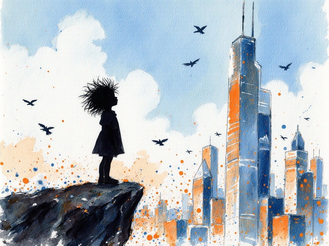 Silhouette of a girl overlooking a vibrant cityscape