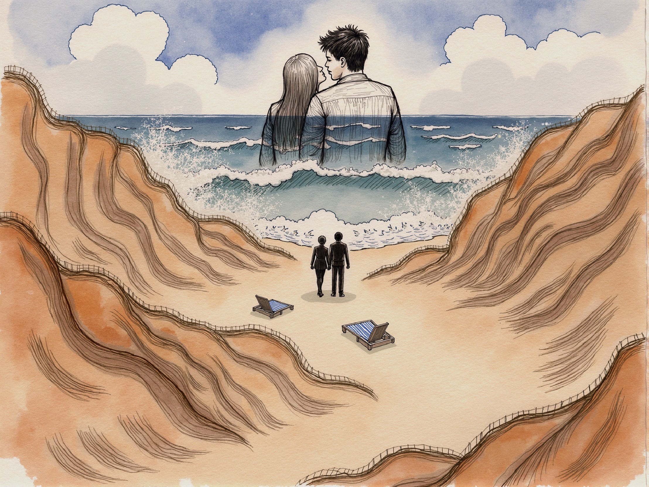 Serene Beach Scene with Figures and Ocean Embrace