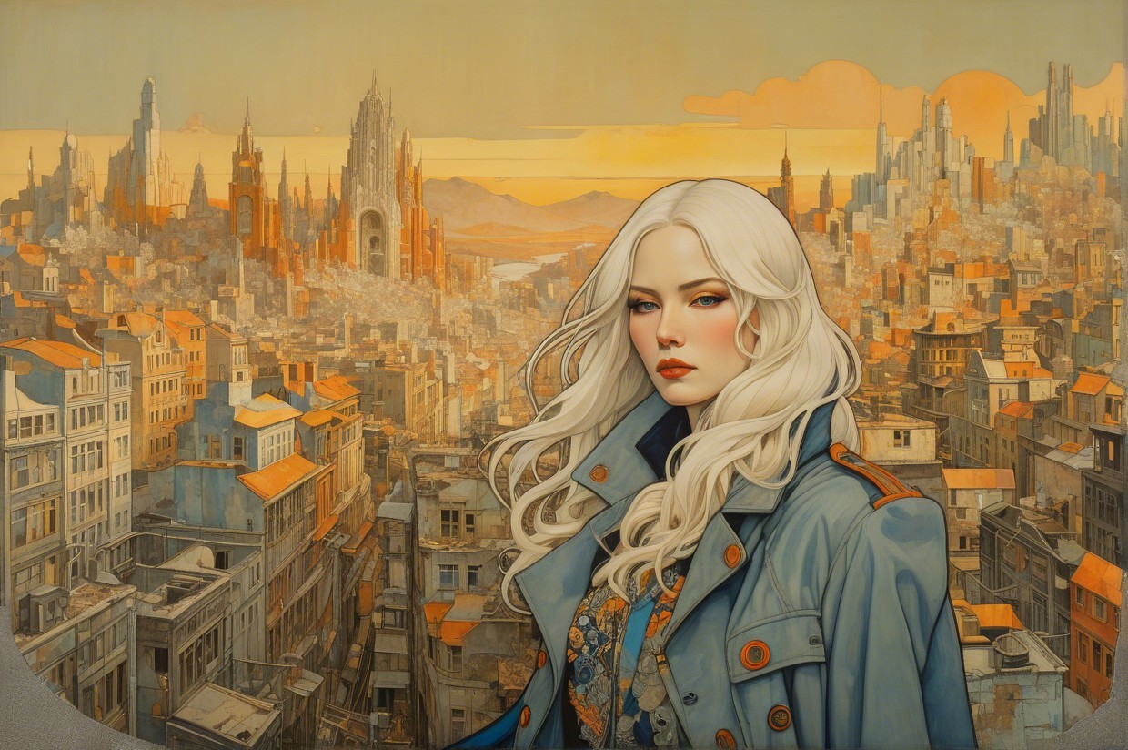 Woman with White Hair in Futuristic Cityscape Illustration