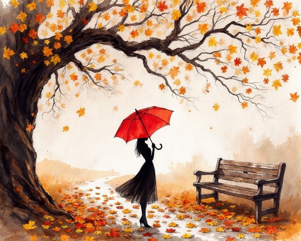 Silhouette of Woman with Red Umbrella Under Tree