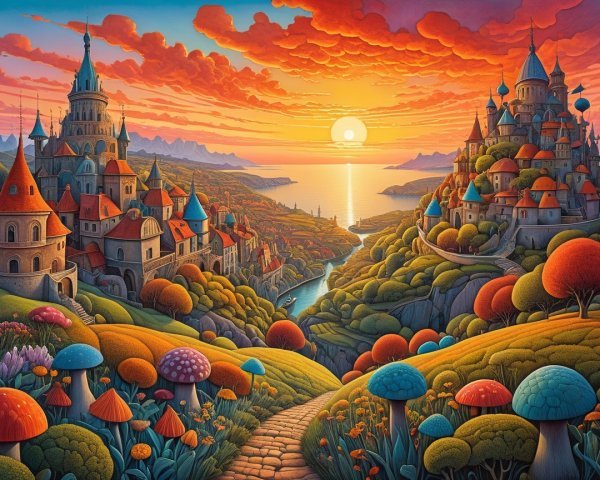 Vibrant Fantasy Landscape with Castles and Sunset
